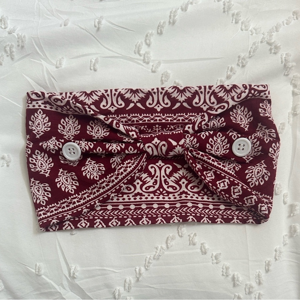 Elegant Burgundy Headband with Button Detail